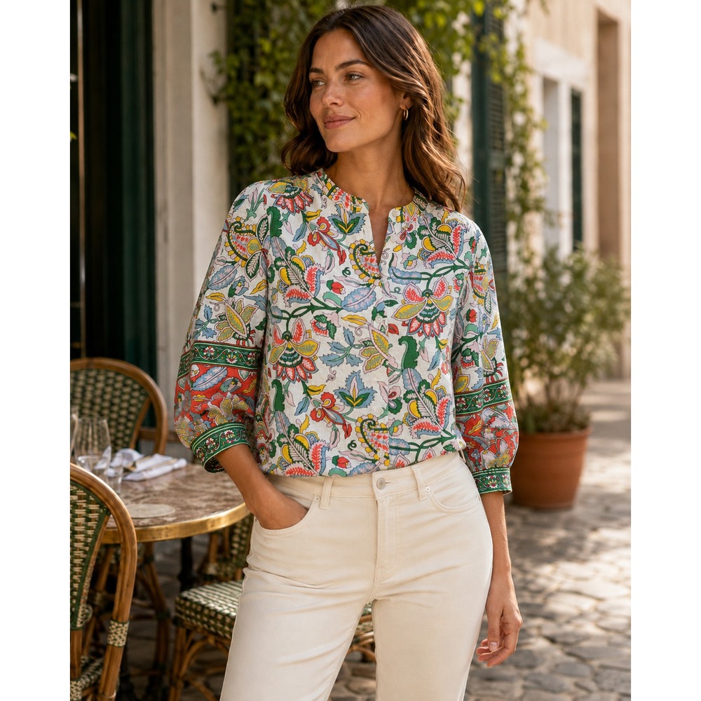 Boden Linen Floral Blouse US 8 Puff Sleeve Boho Cottagecore Border Print Top NWT